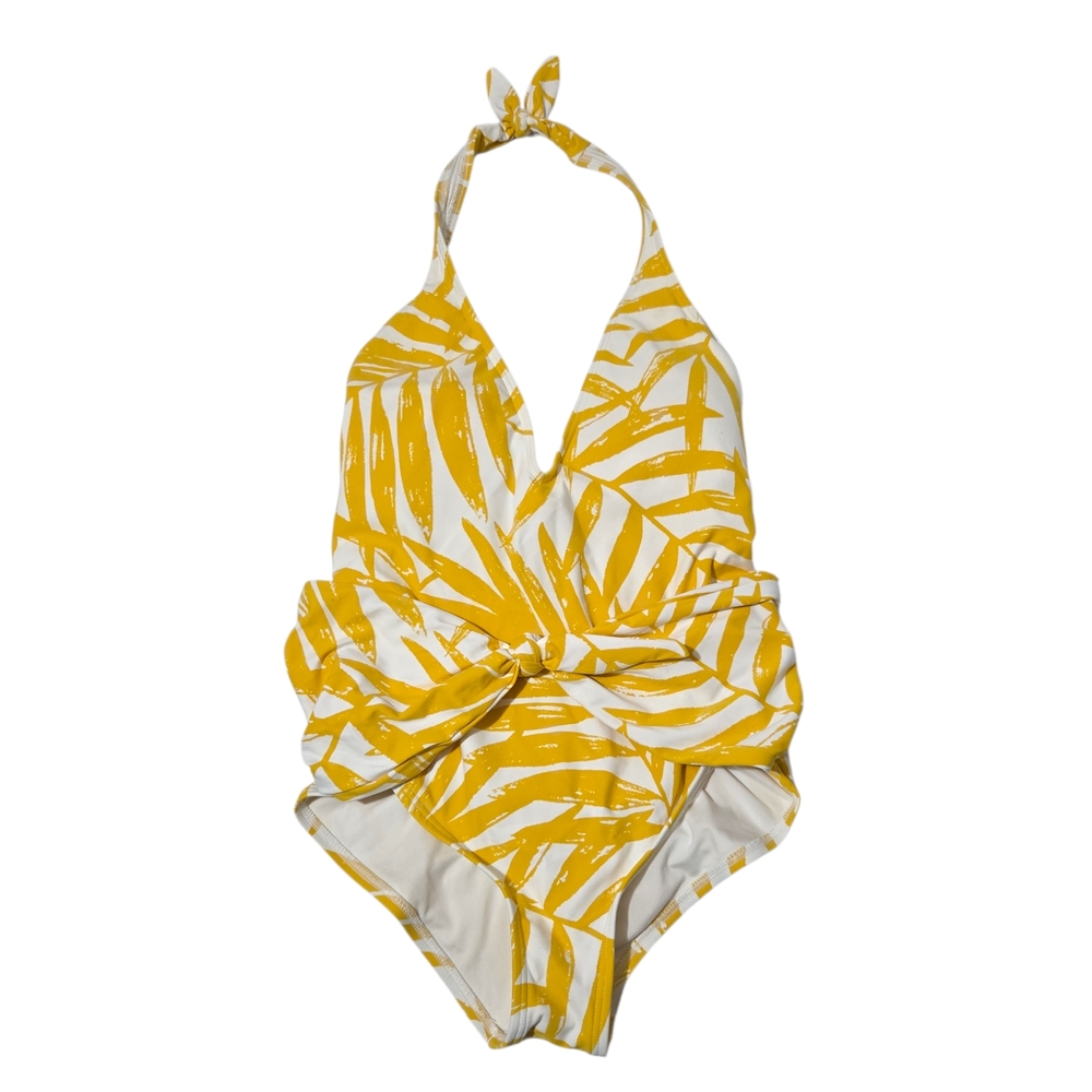 Carmen Marc Valvo Yellow Palm Leaf-Print Halter One-Piece with Front Bow